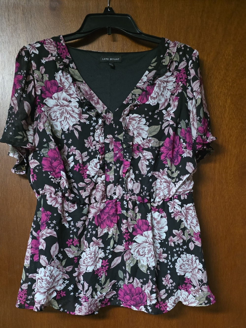 Lane Bryant Black Floral V-Neck Peplum Top - Magenta & White